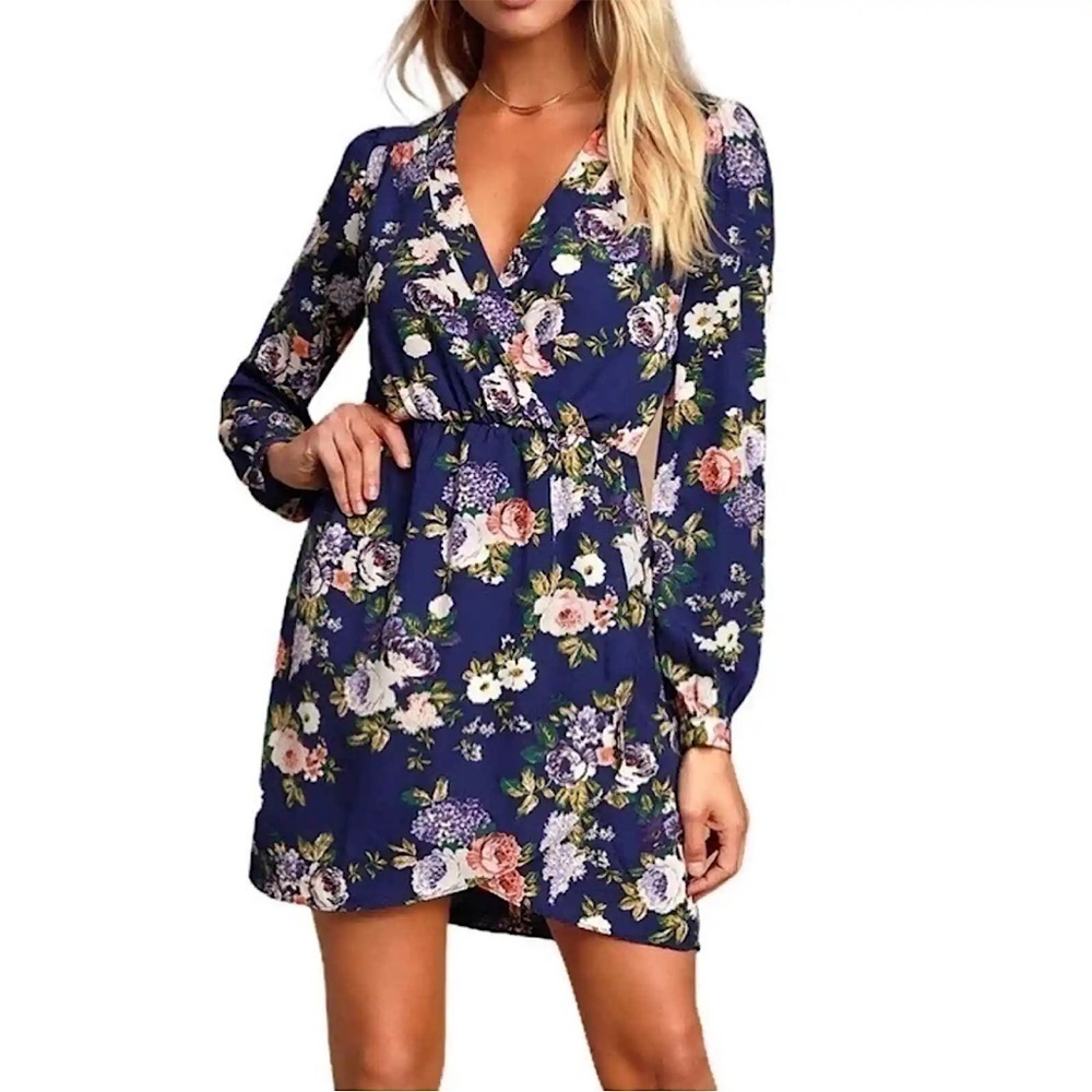 Lulus That’s a Wrap Floral Print Mini Dress Navy Blue Pink White Women’s Size XS